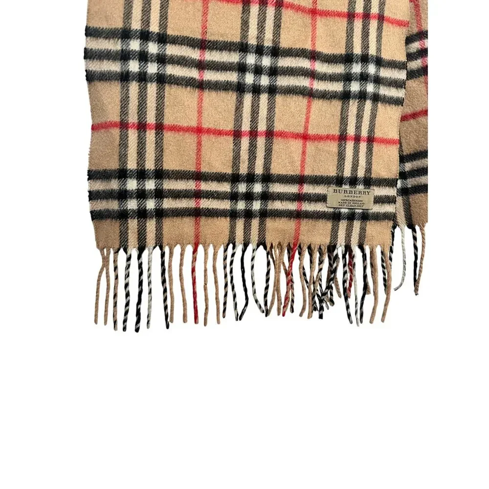 Burberry Scarf Nova Check Beige Tan Cashmere Plaid Fringe Unisex Vintage Scarf